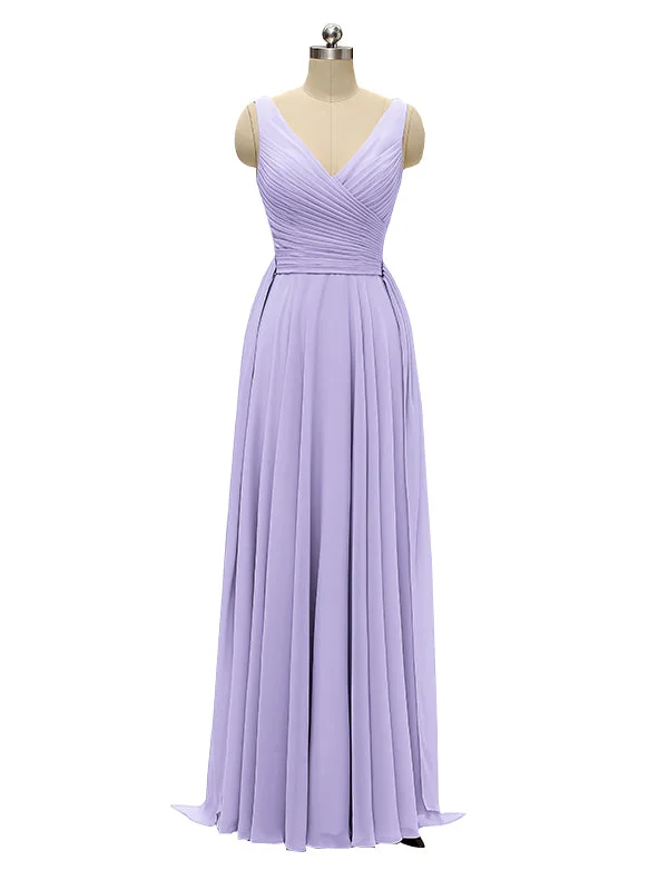 Unique A-line V Neck Chiffon Floor Length Bridesmaid Dresses