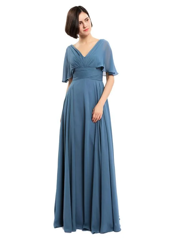 Elegant V-neck Cap Sleeves Sleeves Chiffon Long Bridesmaid Dresses