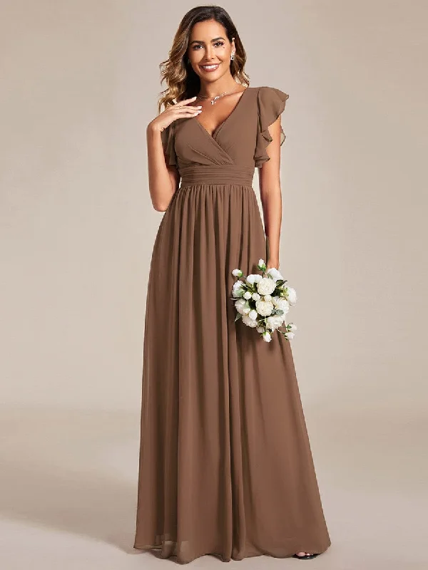 Custom Size Back Cutout A-Line Pleated Ruffles Sleeve Chiffon Bridesmaid Dress