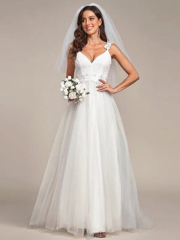 Double V Neck Lace Bodice Open Back Tulle Wedding Dress