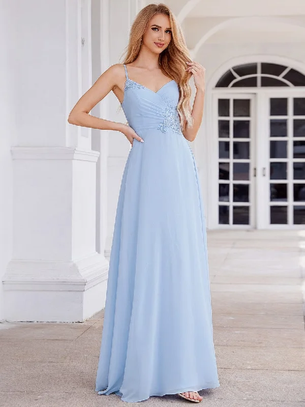 Elegant A-Line Applique Waist Sleeveless Bridesmaid Dress with V-Neck