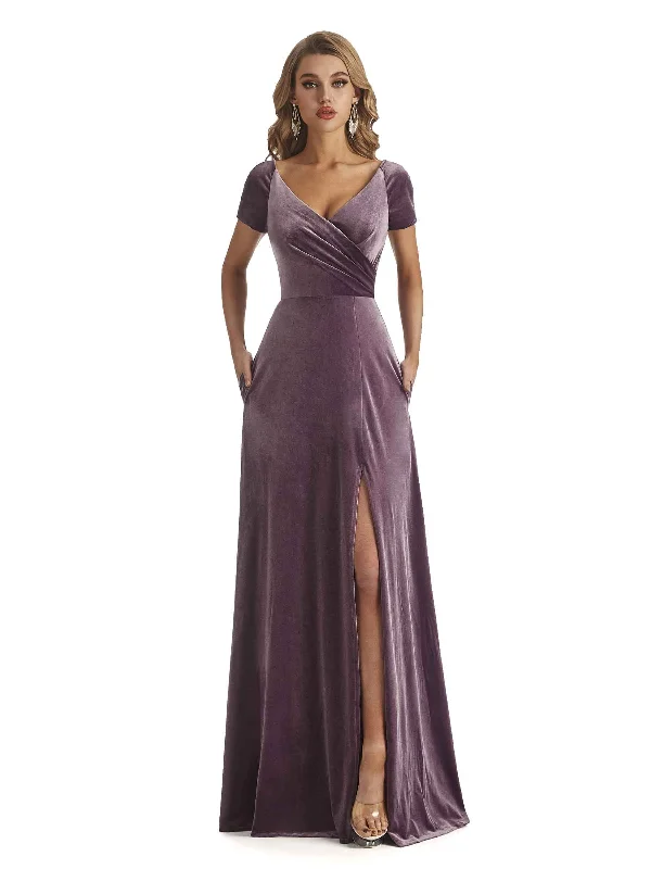 Elegant  Short Sleeves Side Slit Velvet Long Bridesmaid Dresses Online