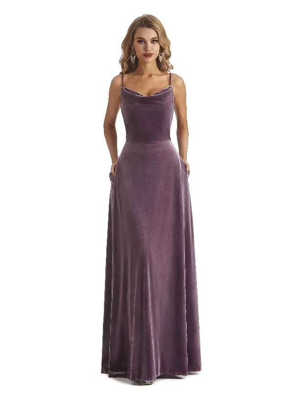 Elegant Mermaid Cowl Spaghetti Straps Velvet Long Bridesmaid Dresses Online