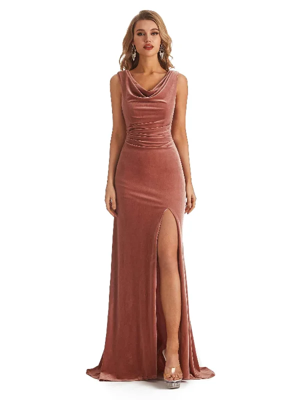 Sexy Open Back Mermaid Cowl Velvet Long Bridesmaid Dresses Online