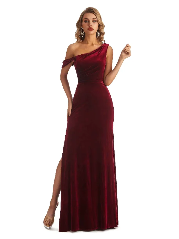 Elegant Mermaid Asymmetrical Side Slit Velvet Long Bridesmaid Dresses