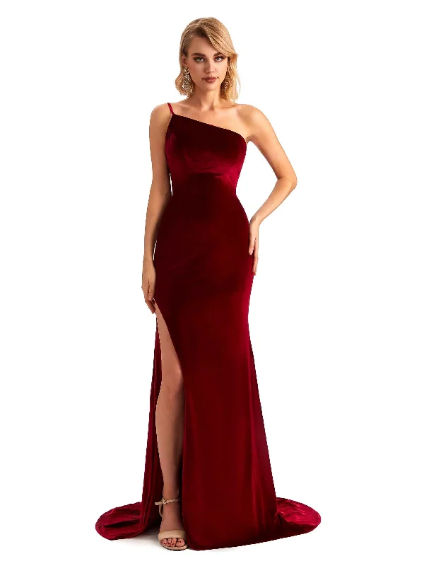 Sexy Side Slit Mermaid One Shoulder Formal Velvet Long Bridesmaid Dresses