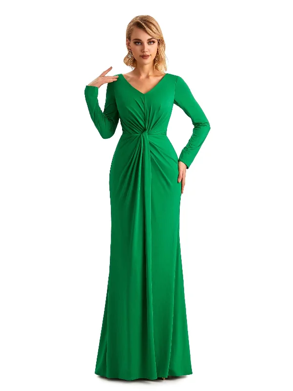 Elegant Mermaid Pleats V-neck Long-Sleeves Stretchy Jersey Long Formal Bridesmaid Dresses