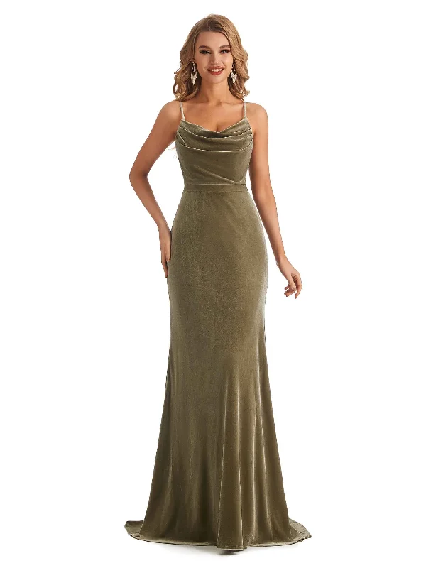 Elegant Mermaid Spaghetti Straps Cowl Velvet Side Slit Long Bridesmaid Dresses