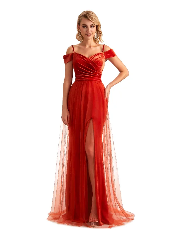 Elegant Mermaid Spaghetti Straps Cold Shoulder Side Slit Tulle Velvet Long Bridesmaid Dresses