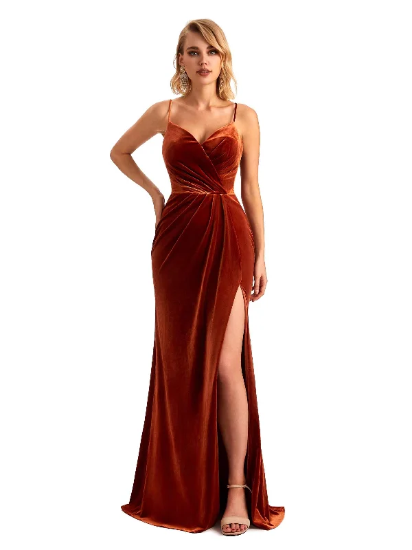 Elegant Mermaid Spaghetti Straps Side Slit Velvet Long Bridesmaid Dresses