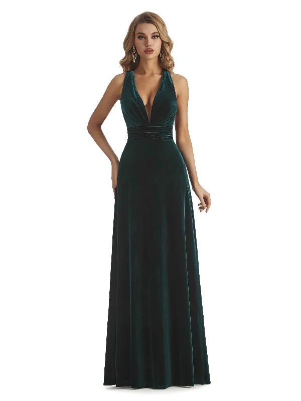 Elegant Mermaid V-Neck Criss Cross Velvet Long Bridesmaid Dresses Online