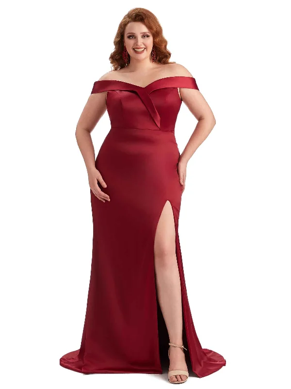 Plus Size Elegant Off The Shoulder Side Slit Mermaid Soft Satin Long Bridesmaid Gowns