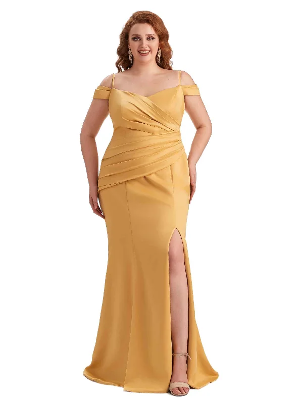 Plus Size Elegant Cold Shoulder Side Slit Mermaid Soft Satin Long Bridesmaid Gowns