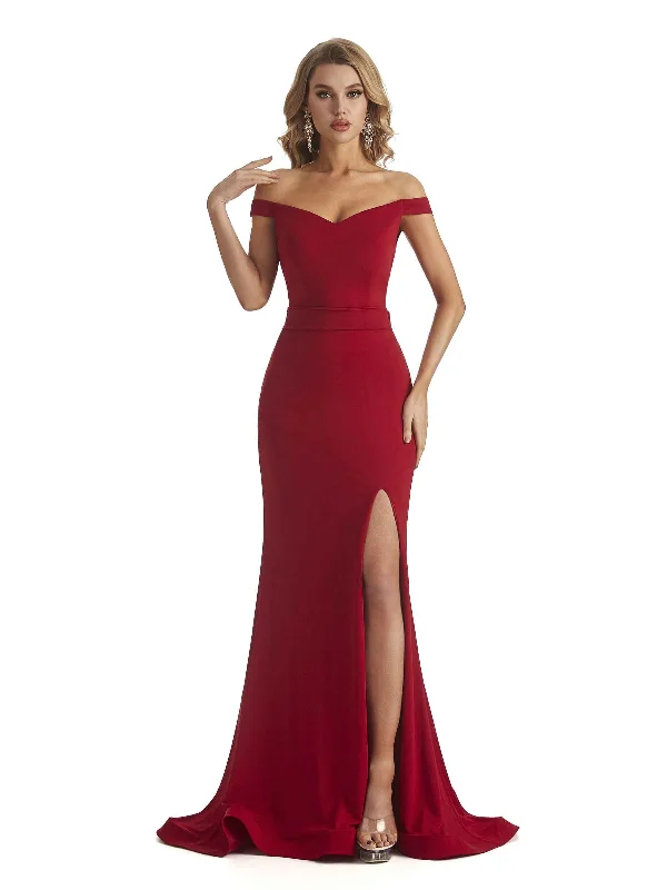 Elegant Off the Shoulder Mermaid Side Slit Stretchy Jersey Long Unique Bridesmaid Dresses