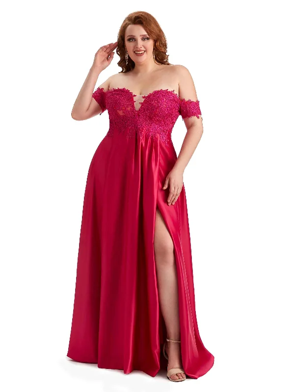 Plus Size Elegant Off The Shoulder Side Slit Lace Soft Satin Long Bridesmaid Dresses Online