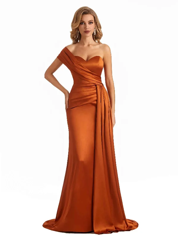 Elegant One Shoulder Soft Satin Long Mermaid Bridesmaid Dresses Online