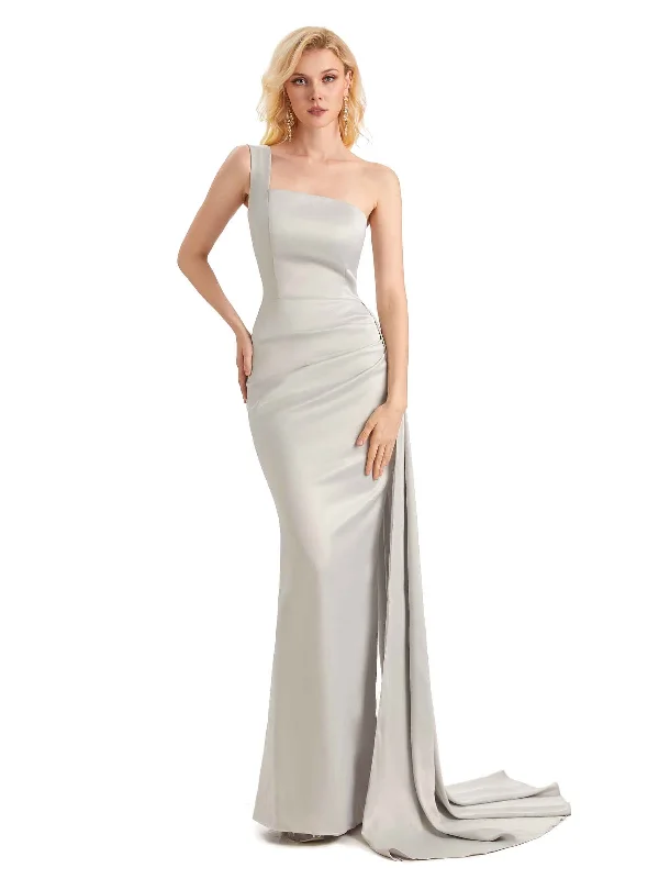 Elegant One Shoulder Soft Satin Mermaid Unique Long Bridesmaid Dresses Online