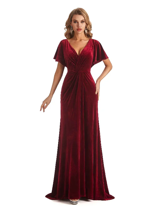 Elegant Sheath Velvet Short Sleeves V-neck Long Bridesmaid Dresses Online