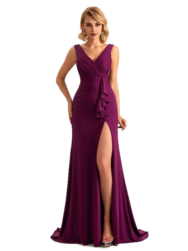 Elegant Side Slit Mermaid Pleats V-neck Stretchy Jersey Long Formal Bridesmaid Dresses