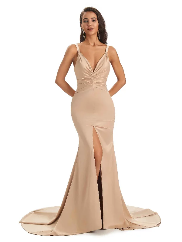 Elegant Soft Satin Spaghetti Straps V-Neck Middle Slit Unique Mermaid Bridesmaid Dresses