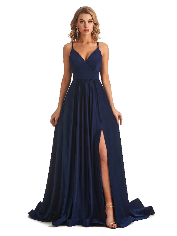 Elegant Spaghetti Straps A-line Side Slit Stretchy Jersey Long Formal Bridesmaid Dresses