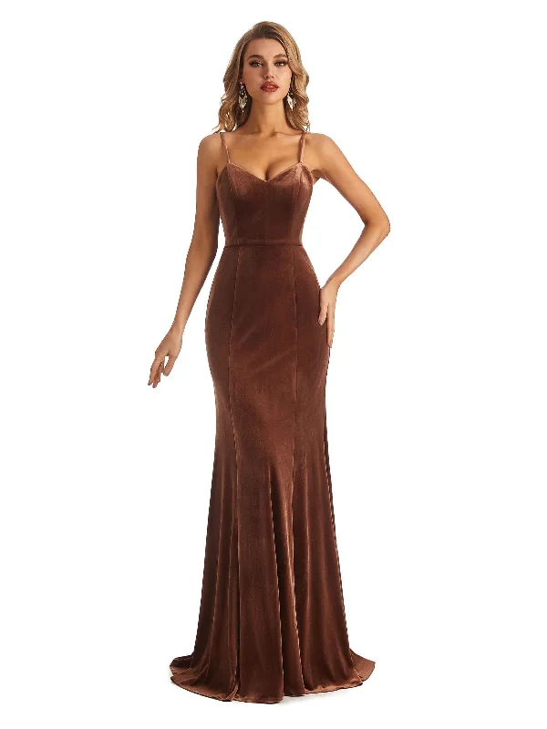 Elegant V-Neck Mermaid Spaghetti Straps Velvet Long Bridesmaid Dresses