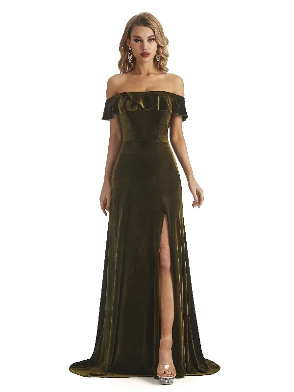 Elegant Sheath Off The Shoulder Velvet Long Wedding Outfits For Women