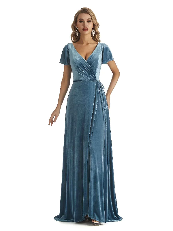 Elegent V-neck Short Sleeves Velvet Long Bridesmaid Dresses Online