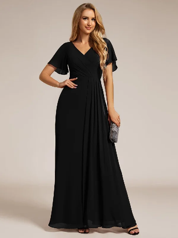 High Slit V-Neck Chiffon High Waist Bridesmaid Dress with Ruffle Sleeve