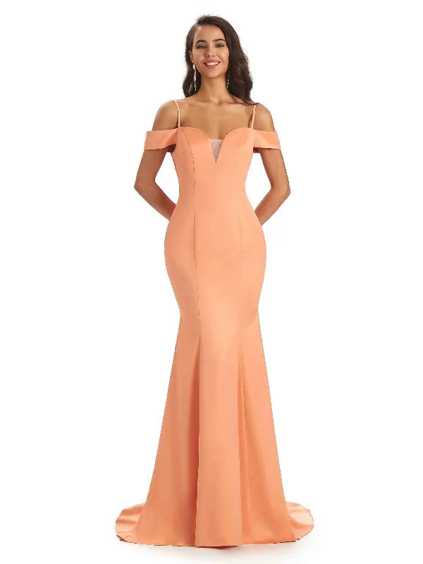 Elegant Cold Shoulder Soft Satin Long Mermaid Bridesmaid Dresses Online