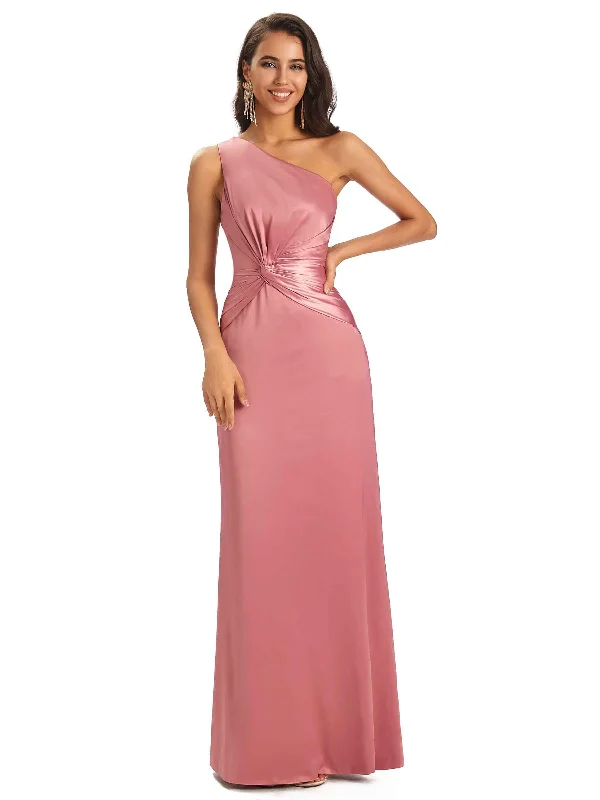 Modern Side Slit One Shoulder Soft Satin Sheath UniqueBridesmaid Dresses Gown