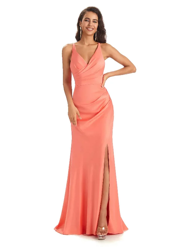 Modern Soft Satin Side Slit Spaghetti Straps V-neck Mermaid Bridesmaid Dresses