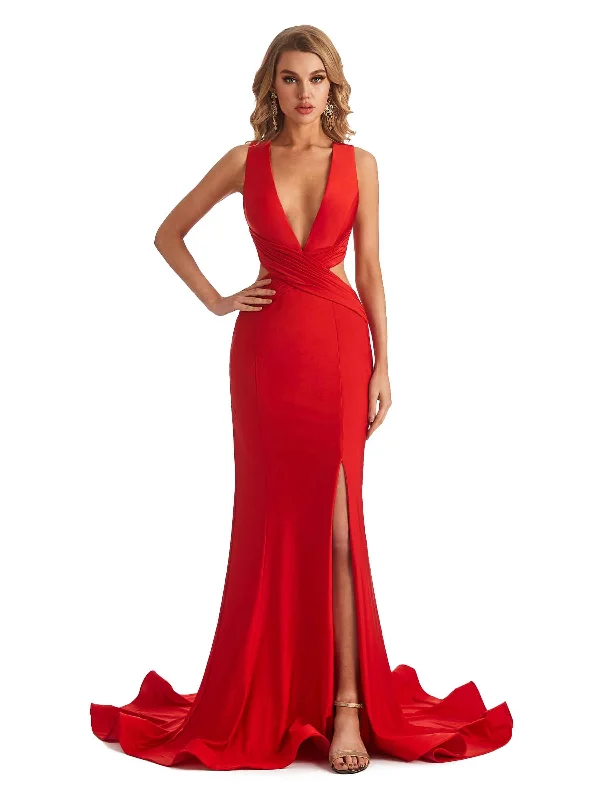 Mermaid V-Neck Side-Slit Stretchy Jersey Long Formal Bridesmaid Dresses Online