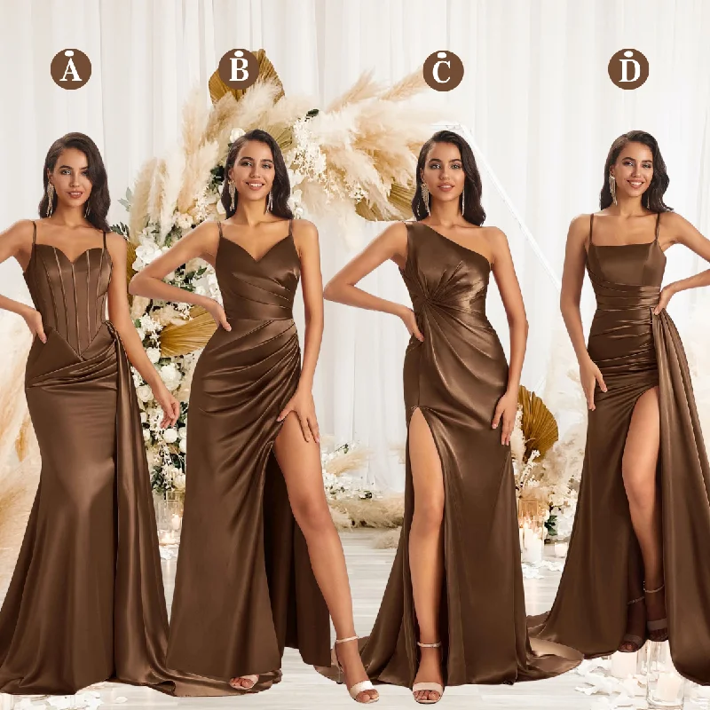 Mismatched Brown Sexy Side Slit Mermaid Soft Satin Long Bridesmaid Dresses Online