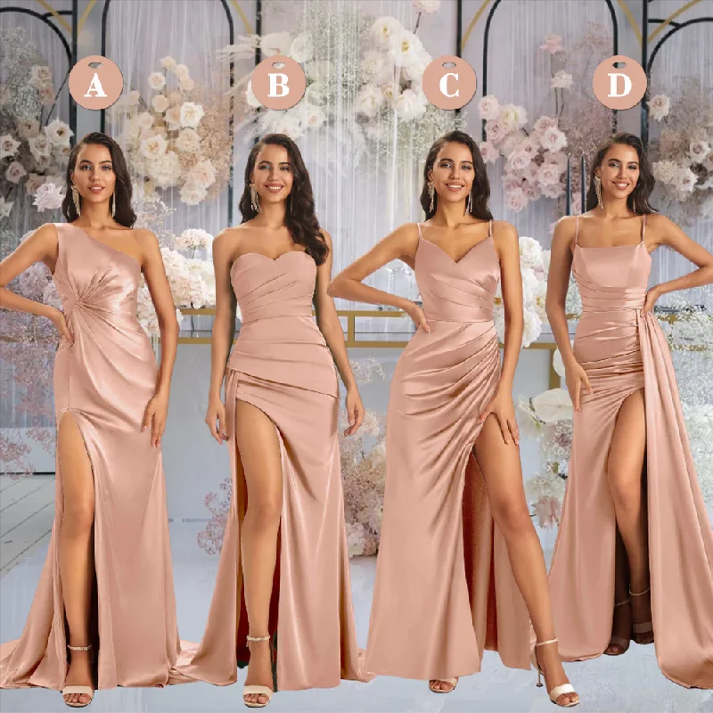 Mismatched Rose Gold Sexy Mermaid Side Slit Soft Satin Long Bridesmaid Dresses