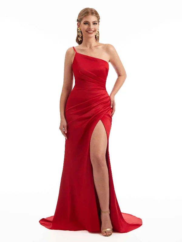 One Shoulder Mermaid Silky Satin Sexy Side Split Long Bridesmaid Dresses For Wedding