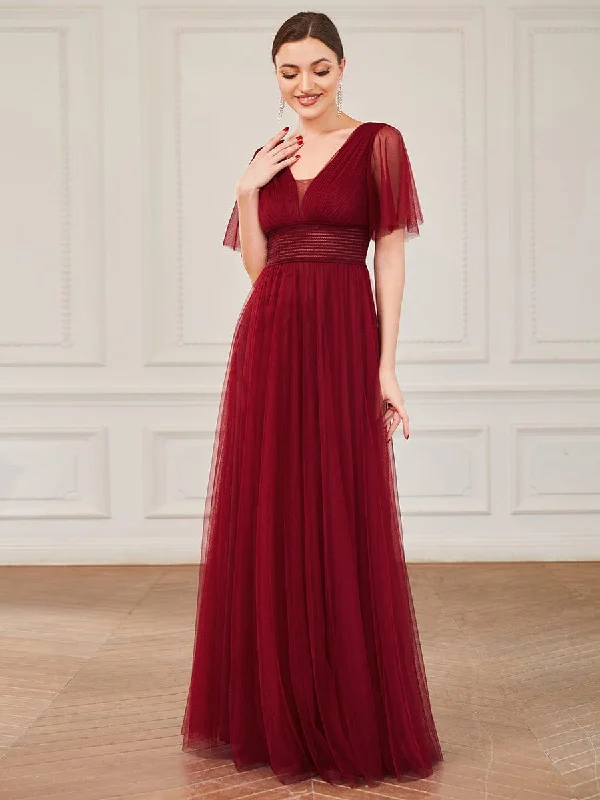 Pleated A-Line Short Sleeve Wide Waist Tulle Bridesmaid Dress