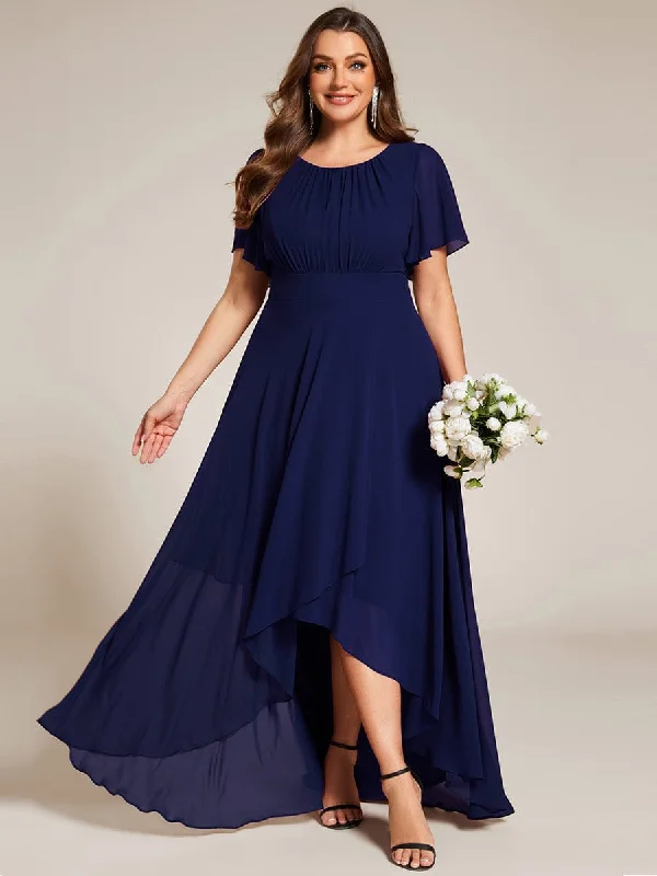 Claire | Plus Size Asymmetric Hem Short Sleeve Round Neckline Chiffon Bridesmaid Dress