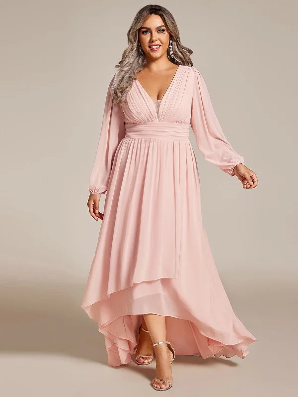 Plus Size V-Neck Long Lantern Sleeves A-Line Chiffon Bridesmaid Dress