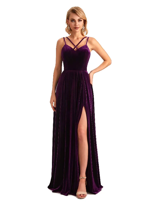 Sexy Side Slit Spaghetti Straps Unique  Velvet Long Bridesmaid Dresses Online