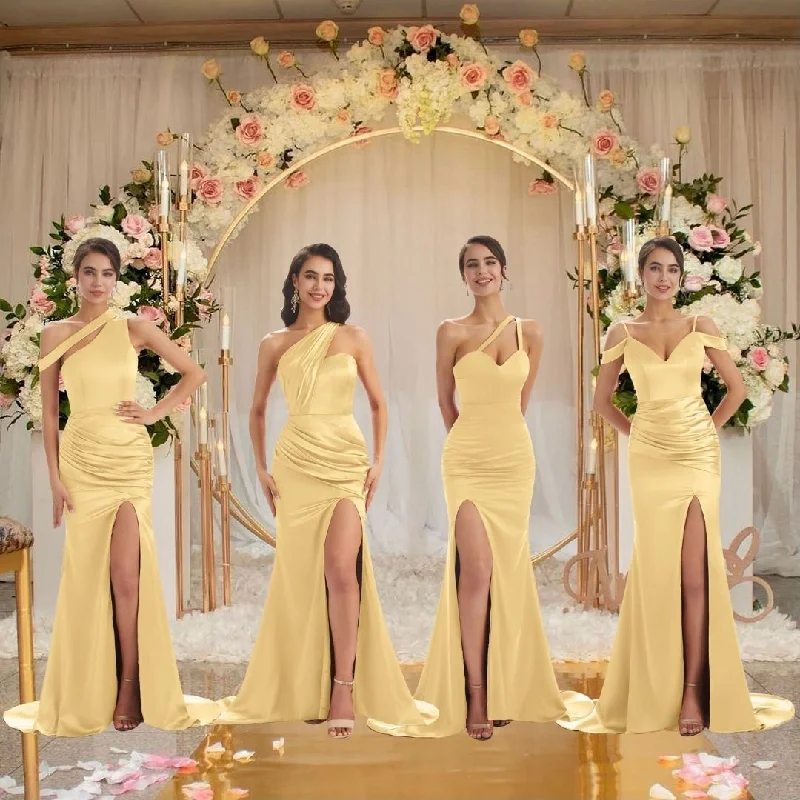 Sexy Chic Silky Mismatched Gold Soft Satin Mermaid Long Bridesmaid Dresses Online