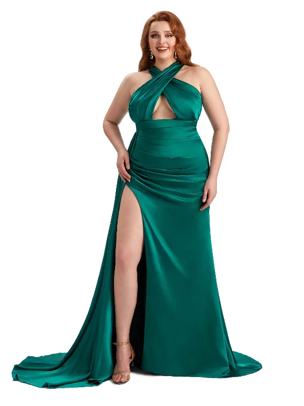 Plus Size Sexy Halter Side Slit Mermaid Soft Satin Long Bridesmaid Dress For Wedding