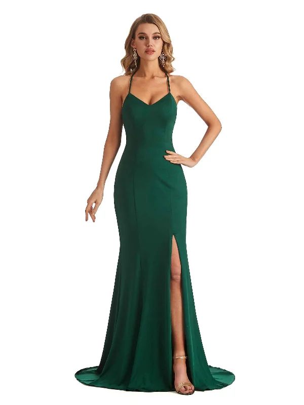 Sexy Side Slit Mermaid Halter Stretchy Jersey Long Unique Bridesmaid Dresses