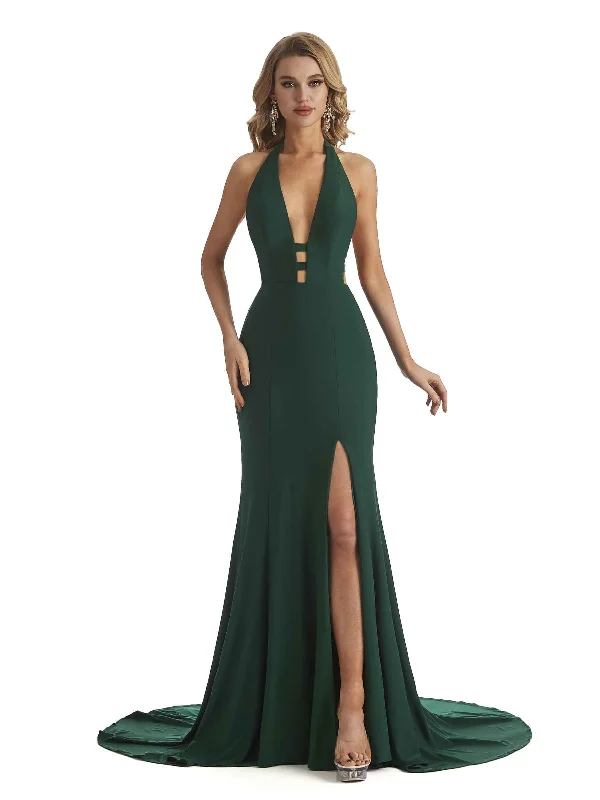 Sexy Mermaid Halter V-Neck Side Slit Stretchy Jersey Long Formal Bridesmaid Dresses