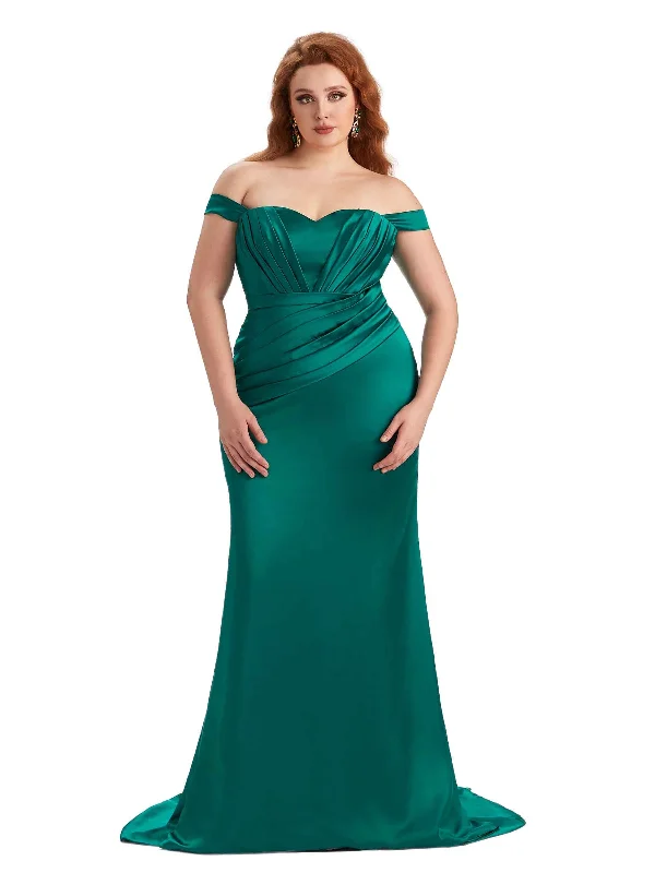 Plus Size Sexy Mermaid Off The Shoulder Sweetheart Soft Satin Long Maid of Honor Dresses