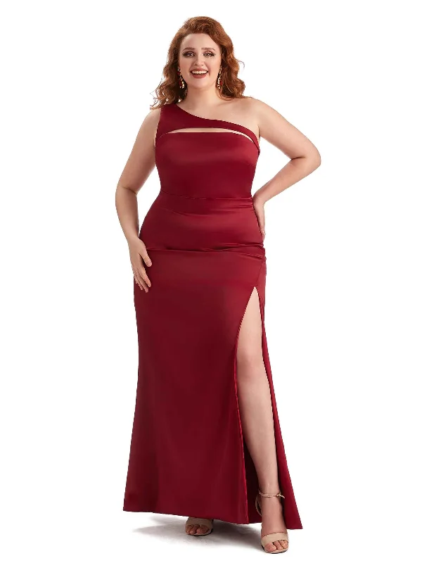 Plus Size Sexy Mermaid One Shoulder Side Slit Soft Satin Long Bridesmaid Dress For Wedding