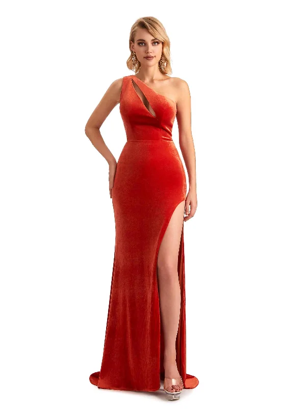 Sexy Mermaid One Shoulder Side Slit Velvet Long Bridesmaid Dresses