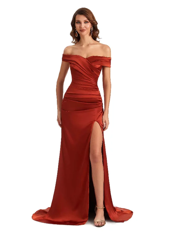 Sexy Mermaid Side Slit Off The Shoulder Silky Satin Unique Long Bridesmaid Dress Online