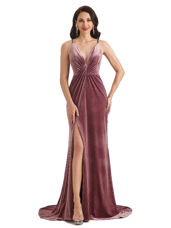 Sexy Mermaid Spaghetti Straps Backless Velvet Side Slit Long Bridesmaid Dresses