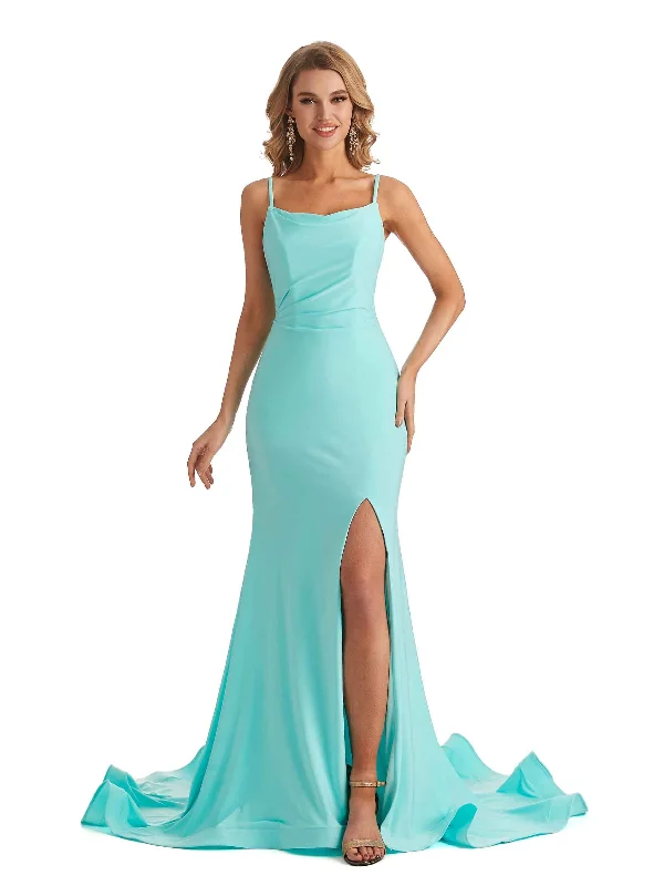 Sexy Backless Mermaid Spaghetti straps Side Slit Jersey Long Wedding Guest Dress